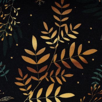 Preview: French Terry Stoff „Holly“ – Herbstliche Blätter & Zweige auf Schwarz
